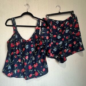 Barbizon Women's Satin Pajamas Set Tank Top & Shorts Floral Navy Blue Red Girlie